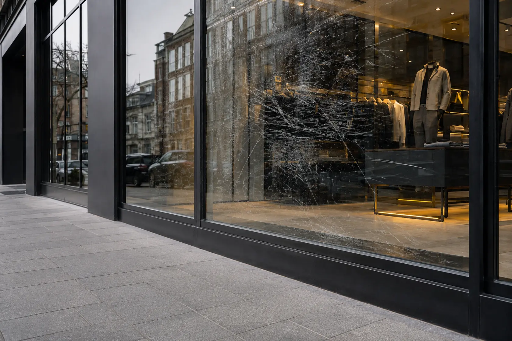 Illustrative scratched and vandalised glass across a luxury retail shopfront.