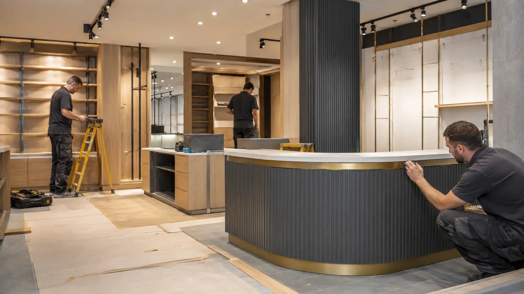Illustrative shopfitting and commercial fit-out environment with specialist surface finishing work underway.