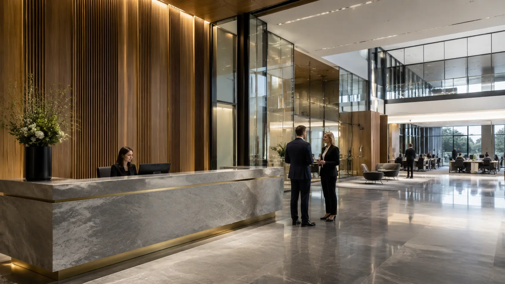 Illustrative corporate office reception with a marble desk and glazed atrium.