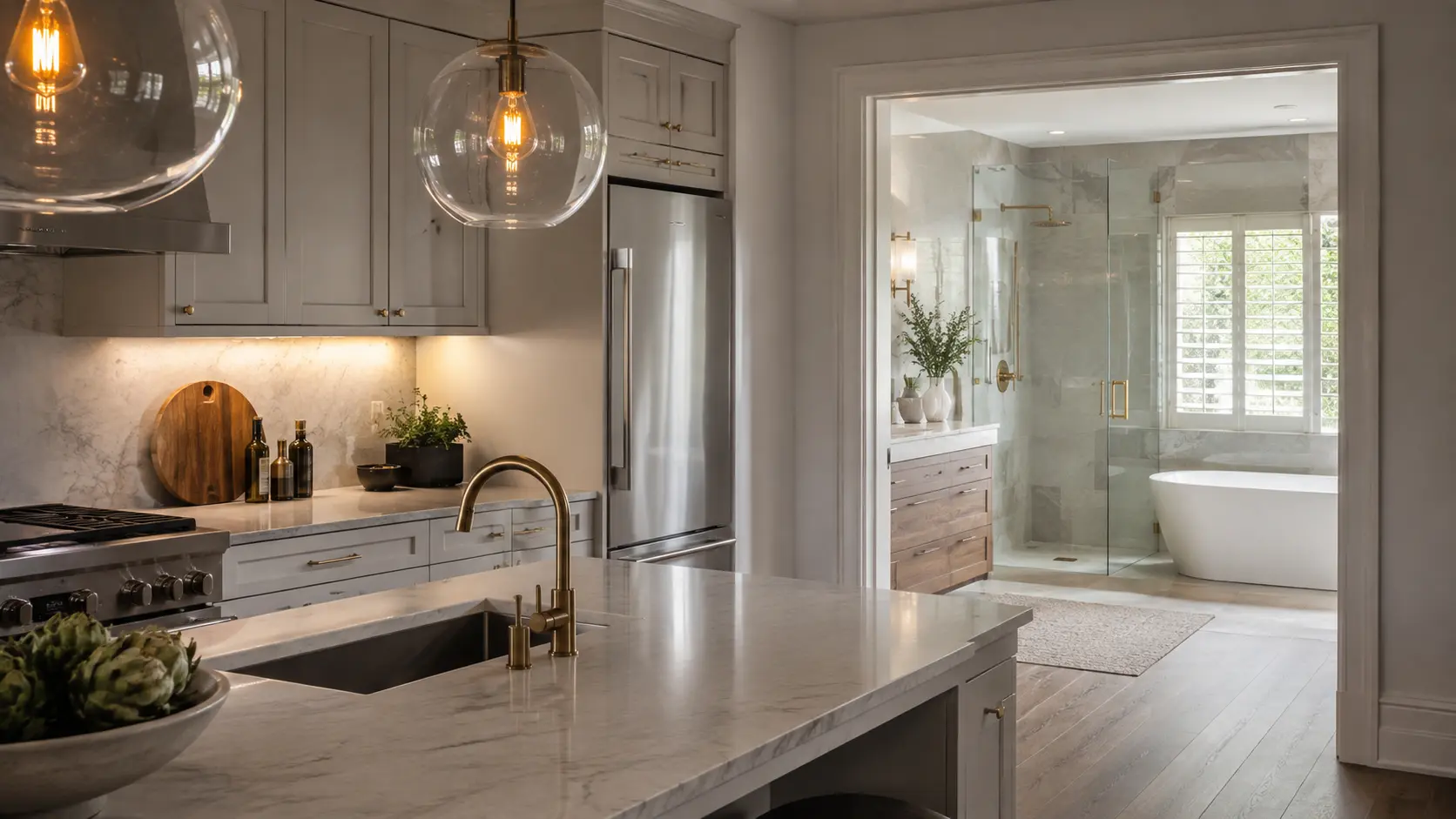 Illustrative open-plan home showing kitchen worktops, sink, bath and shower surfaces supported by Surface Magic Repairs.