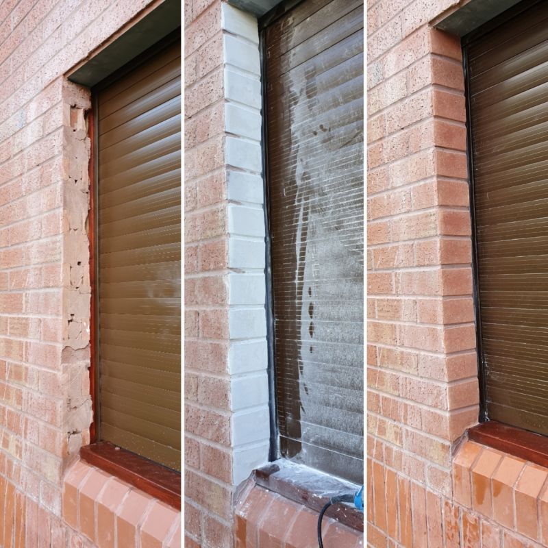 Brick window reveal repair shown in three stages: damaged brickwork before, the area prepared with filler, and the completed repair matching the surrounding brick