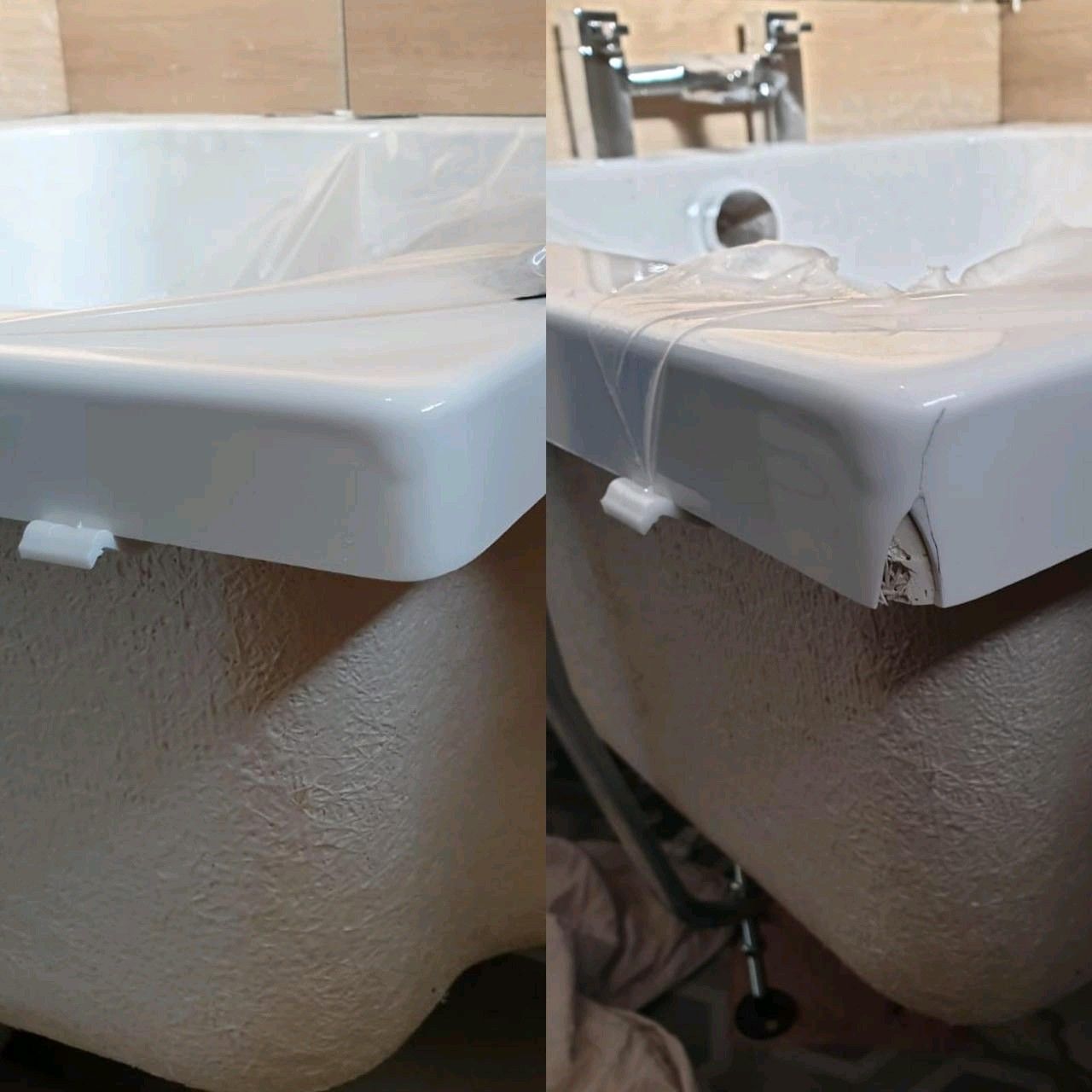 Bath panel and sanitaryware repair project showing the damaged edge and the completed repair