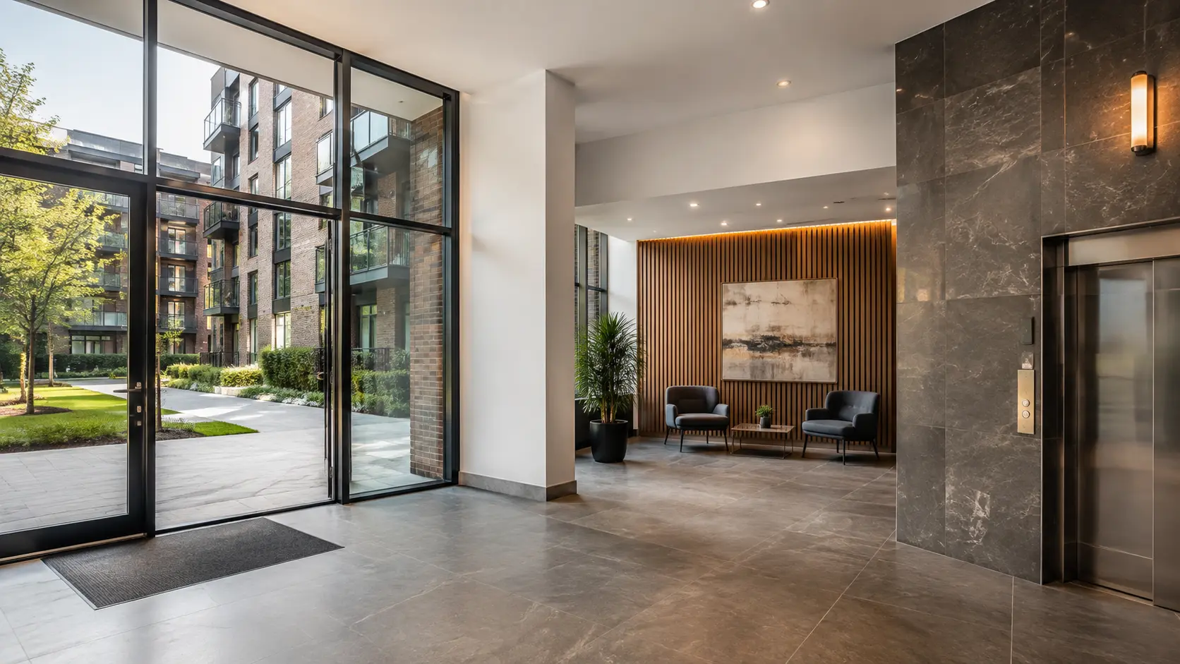 Illustrative apartment block interior in a residential development.