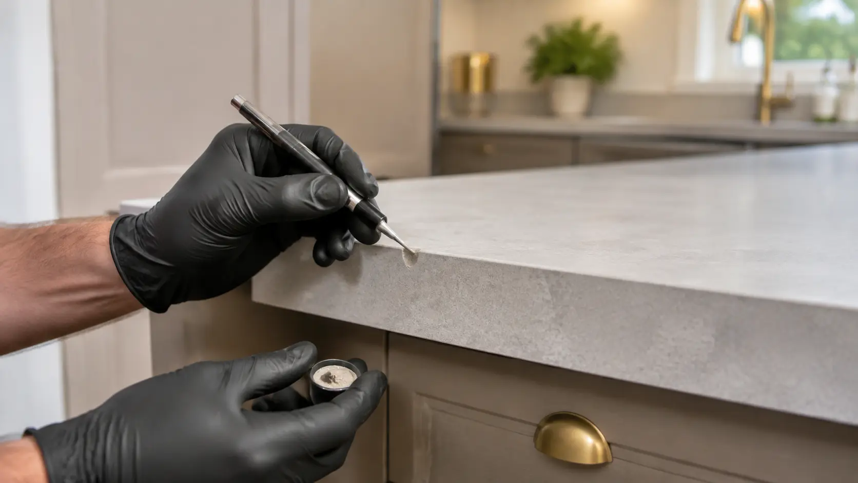 Illustrative close-up of a local chip repair to a modern stone-effect laminate worktop.