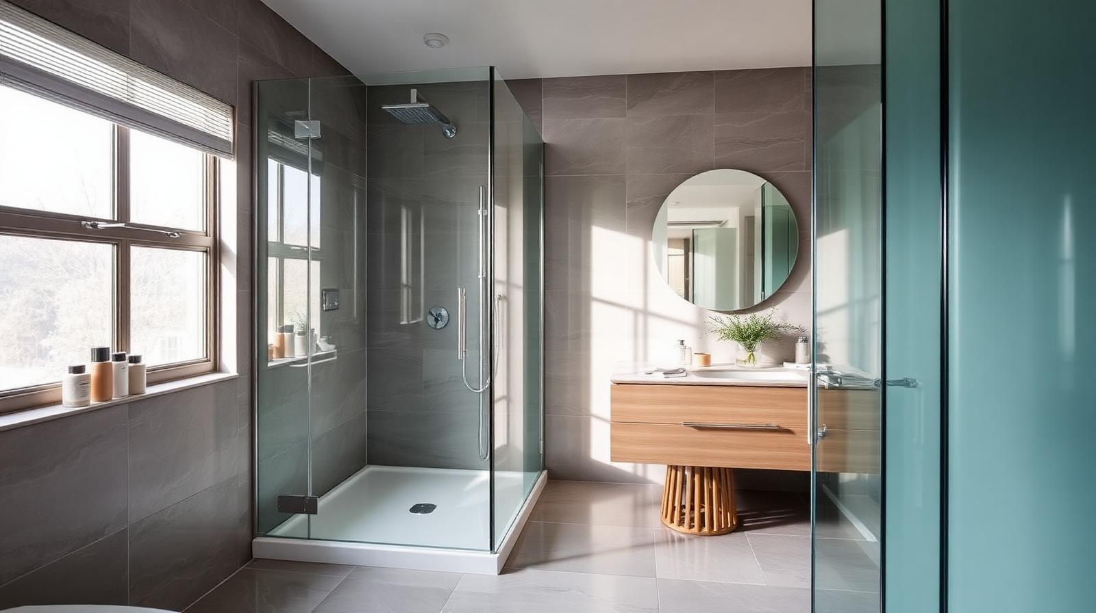 Illustrative wet room shower area with a repaired shower tray surface.