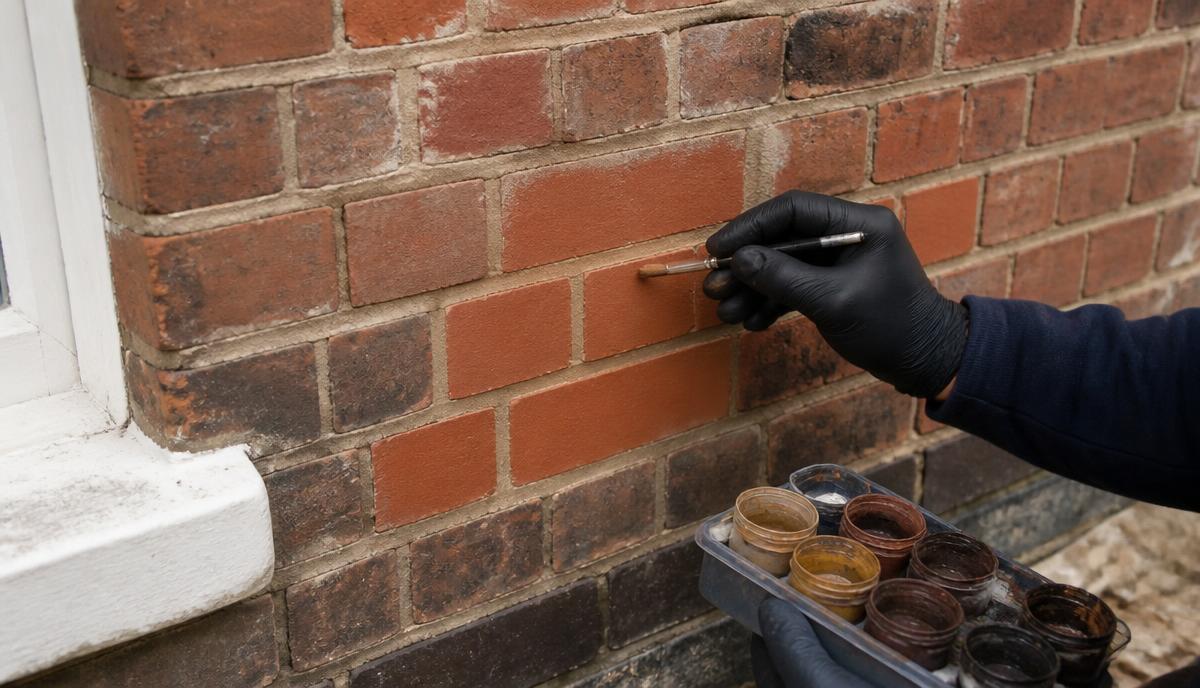 Illustrative cosmetic tinting applied to a replacement brick in an external wall.